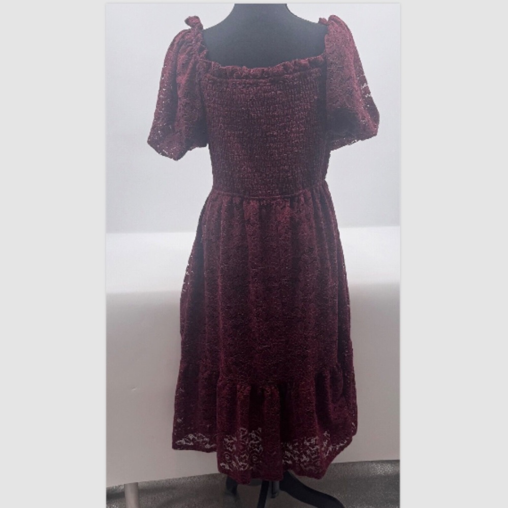 LC Lauren Conrad Dress Women Large Red Lace Midi Peasant Cottagecore Prairie - Picture 3 of 16